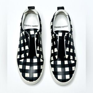 Pierre Hardy Black Ivory White Checkered Print Leather Slip On Sneakers Shoes 37